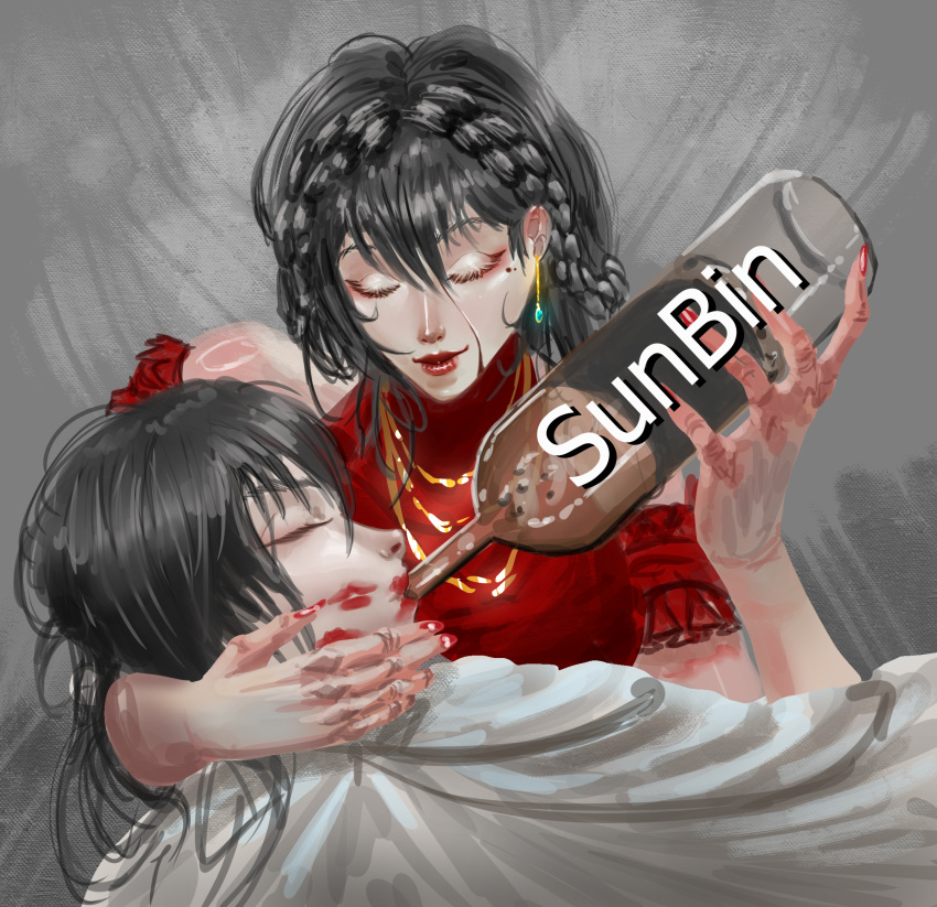 1boy, 1girl, arm_around_neck, beanszzz, beastmaster_(shadow_slave), black_hair, bottle, closed_eyes, clothing_cutout, dress, earrings, feeding, hand_on_another's_face, hand_up, hetero, highres, holding, holding_bottle, jewelry, lipstick_mark, lipstick_mark_on_face, long_hair, mole, mole_under_eye, red_dress, red_lips, refraction, shadow_slave, shoulder_cutout, smile, sunny_(shadow_slave), under_covers