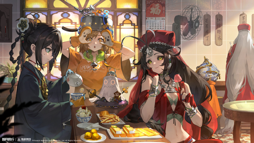 4girls, :o, absurdres, aleph_(xinyue_tongxing), antenna_hair, arms_up, bare_shoulders, black_hair, bowl, braid, braided_hair_rings, brown_hair, buzhichun_(xinyue_tongxing), calendar_(object), coat, colored_sclera, counter, dim_sum, double_bun, electric_fan, food, french_fries, gangdise_(xinyue_tongxing), globe, gloves, green_coat, green_eyes, green_sclera, hair_bun, hair_rings, hand_on_own_cheek, hand_on_own_face, hands_up, head_rest, highres, holding, holding_bowl, holding_food, holding_teapot, indoors, looking_at_another, looking_at_viewer, low_twin_braids, midriff, mittens, multiple_girls, navel, non-web_source, partially_fingerless_gloves, plate, pot_on_head, pouring, profile, red_gloves, red_shirt, restaurant, shirt, short_hair, short_sleeves, sleeveless, sleeveless_shirt, smile, sweat, teapot, tile_wall, tiles, twin_braids, upper_body, wavy_mouth, white_hair, window, xinyue_tongxing, xufei_(xinyue_tongxing), yellow_eyes, yellow_mittens, yellow_shirt