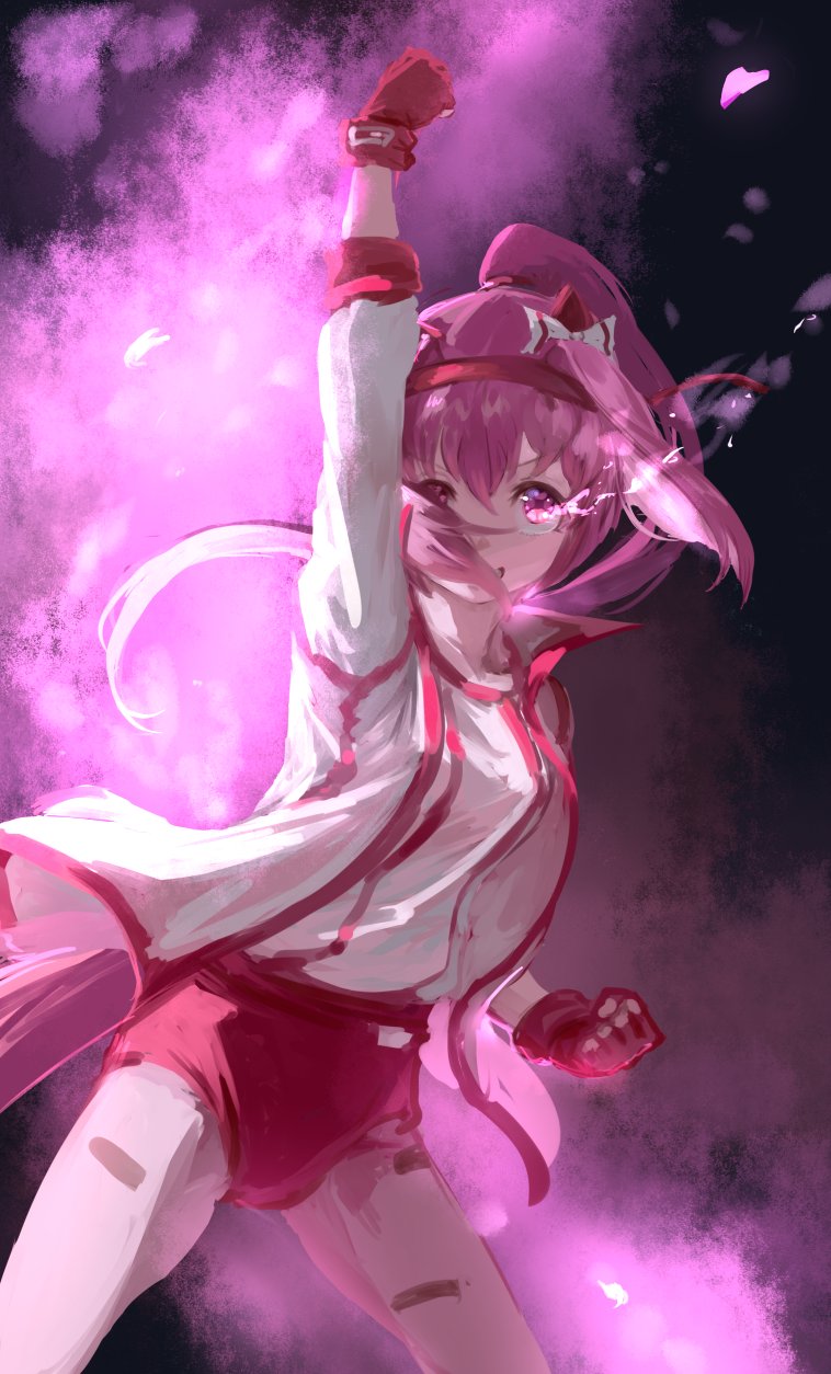 1girl, animal_ears, bandaid, bandaid_on_leg, buruma, clenched_hands, commentary_request, ear_covers