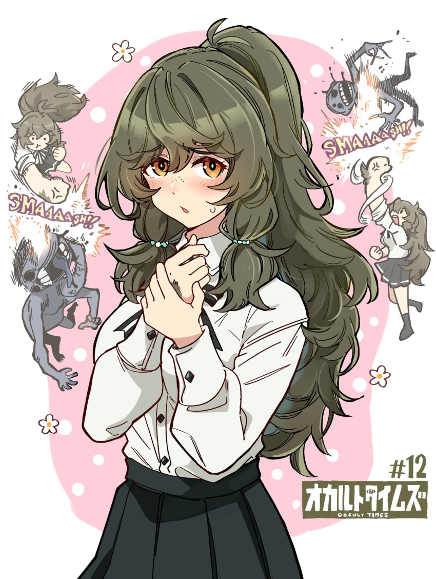 1girl, anger_vein, black_skirt, brown_eyes, collared_shirt, commentary_request, covering_hand, dress_shirt