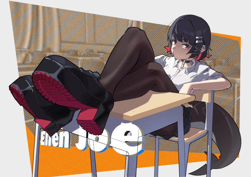 1girl, black_collar, black_hair, black_pantyhose, black_skirt, chair, character_name, closed_mouth