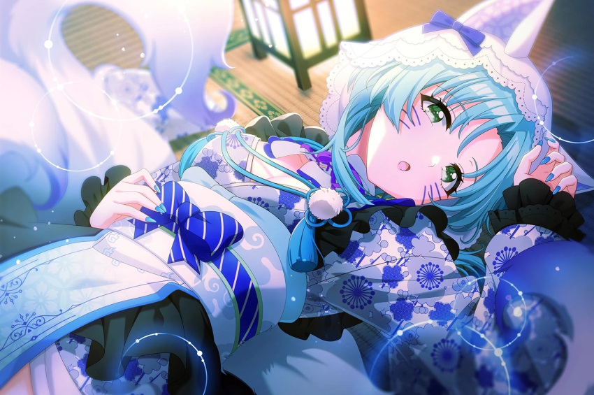 blue_eyes, blue_hair, d4dj, dress, hanamaki_towa, short_hair, smile