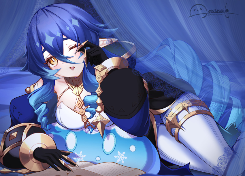 1girl, absurdres, amaneiru, blue_hair, breasts, claw_ring, commentary_request, cryo_slime_(genshin_impact), detached_sleeves, drill_hair, drill_sidelocks, elf, genshin_impact, gold_choker, gold_thighlet, hair_between_eyes, hair_ornament, highres, jewelry, layla_(genshin_impact), long_hair, long_sleeves, looking_at_viewer, lying, medium_breasts, neck_ring, on_stomach, one_eye_closed, open_mouth, orange_eyes, pantyhose, parted_lips, pointy_ears, rubbing_eyes, sidelocks, signature, sleeveless, slime_(genshin_impact), thighlet, tongue, very_long_hair, white_pantyhose
