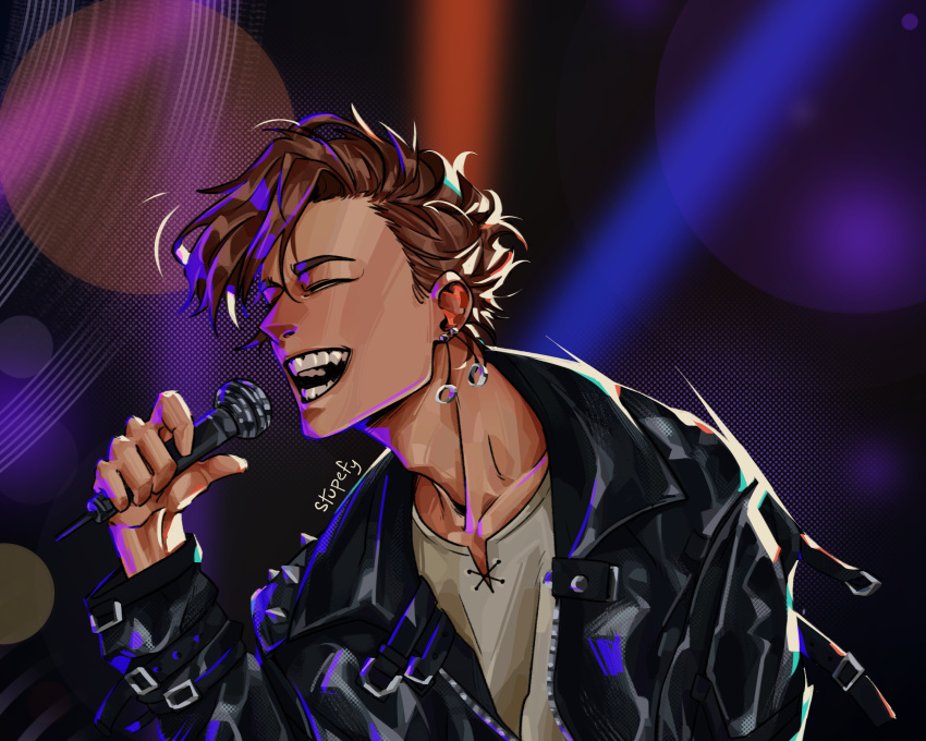 1boy, absurdres, black_jacket, blurry, bokeh, brown_hair, closed_eyes, curtained_hair, depth_of_field, earrings, grin, hair_slicked_back, highres, holding, holding_microphone, jacket, jewelry, kai_(shadow_slave), leather, leather_jacket, male_focus, microphone, open_mouth, shadow_slave, shirt, sideburns, smile, solo, stupefy_rt, upper_body, white_shirt