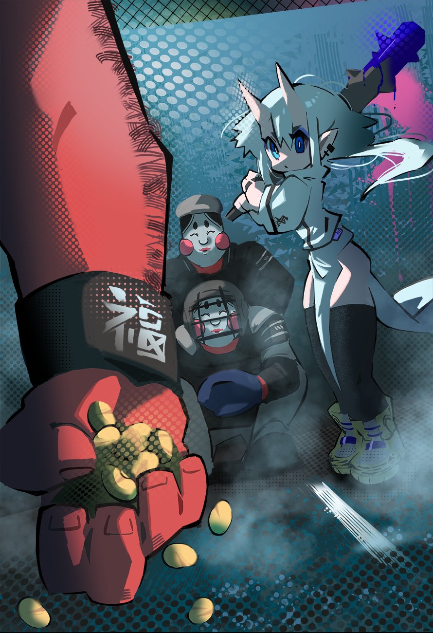 1boy, 1girl, 2others, :o, american_football_helmet, baseball_bat, baseball_helmet, black_thighhighs