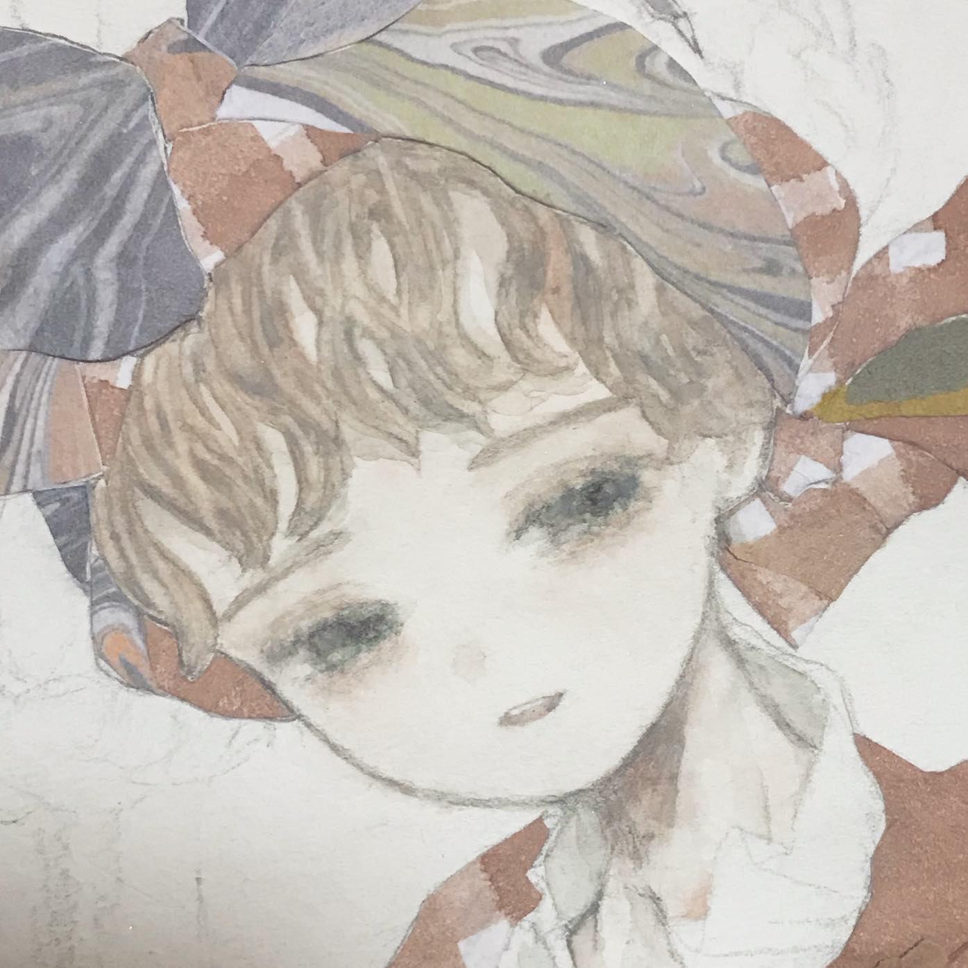 1girl, acrylic_paint_(medium), blouse, blush, bow, brown_hair, close-up, collared_shirt