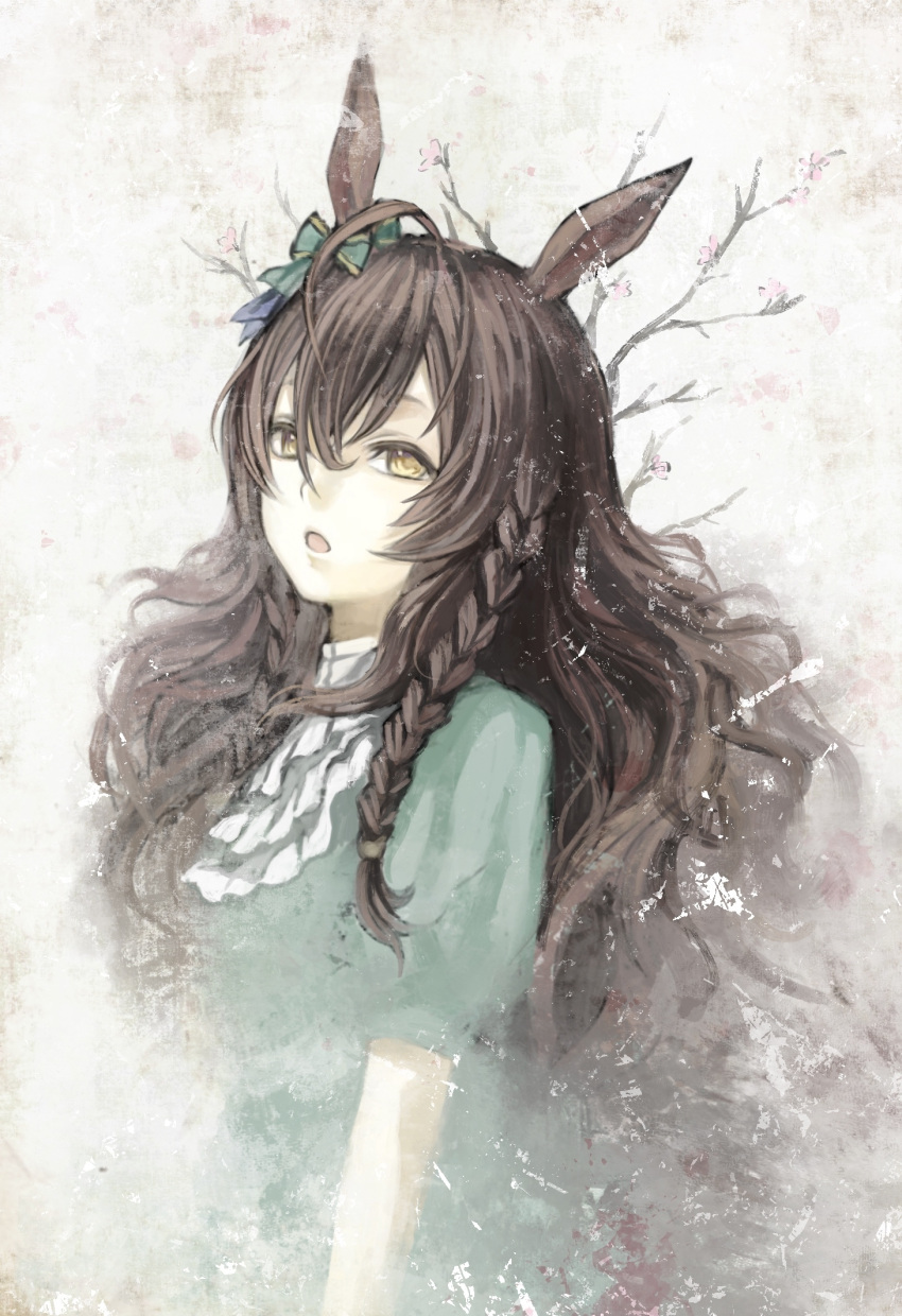 1girl, ahoge, animal_ears, bow, braid, branch, brown_hair, casual