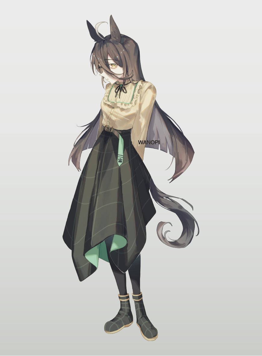 1girl, ahoge, animal_ears, belt, black_belt, black_hair, black_ribbon, black_skirt