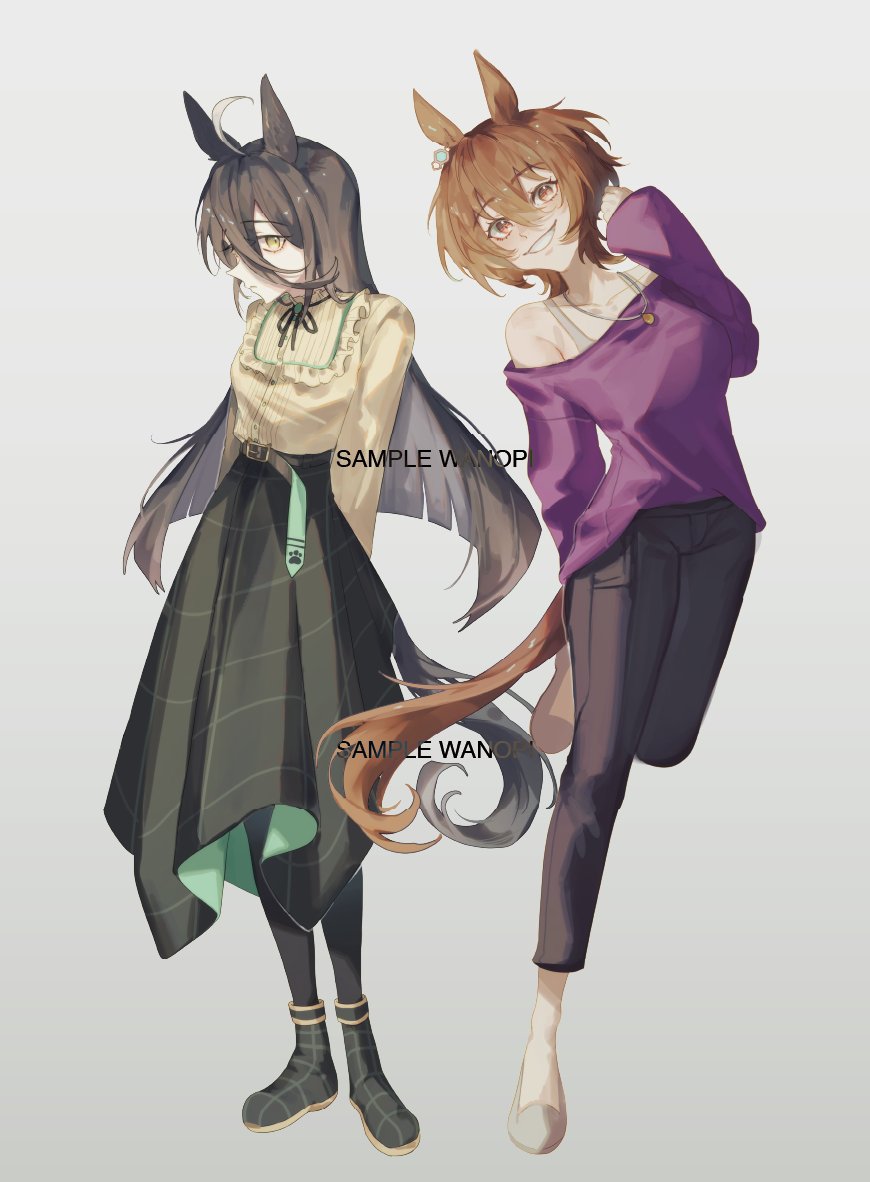 2girls, agnes_tachyon_(casual)_(umamusume), agnes_tachyon_(umamusume), ahoge, animal_ears, bare_shoulders, belt, black_belt