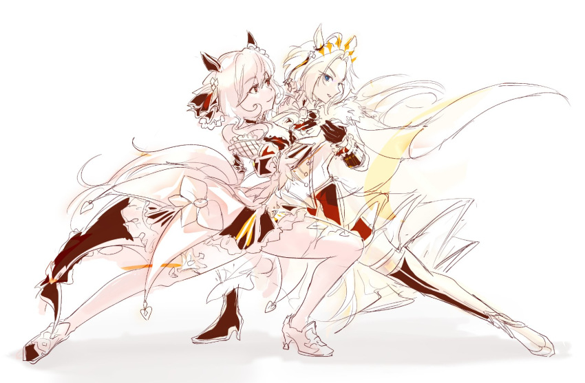 2girls, ahoge, animal_ears, bakanachos, black_gloves, black_thighhighs, blue_eyes, breasts, closed_mouth, coat, corset, dancing, detached_sleeves, dress, ear_covers, gentildonna_(regina_dei_fiori)_(umamusume), gentildonna_(umamusume), gloves, hair_between_eyes, highres, holding_hands, horse_ears, horse_girl, horse_tail, limited_palette, long_hair, long_sleeves, multiple_girls, orfevre_(control)_(umamusume), orfevre_(umamusume), parted_lips, red_eyes, skirt, smile, solo, tail, thigh-highs, umamusume, white_background, white_gloves