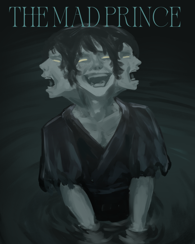 1boy, black_hair, black_shirt, conjoined, empty_eyes, grin, jjajangbap, mad_prince
