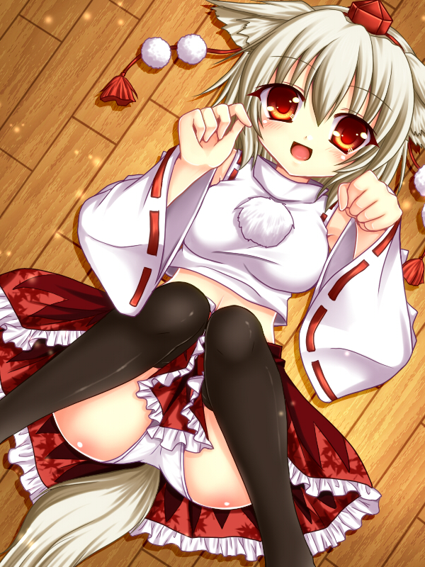 animal_ears, arms_up, asazuki_kanai, black_legwear, blush, detached_sleeves, hat, inubashiri_momiji