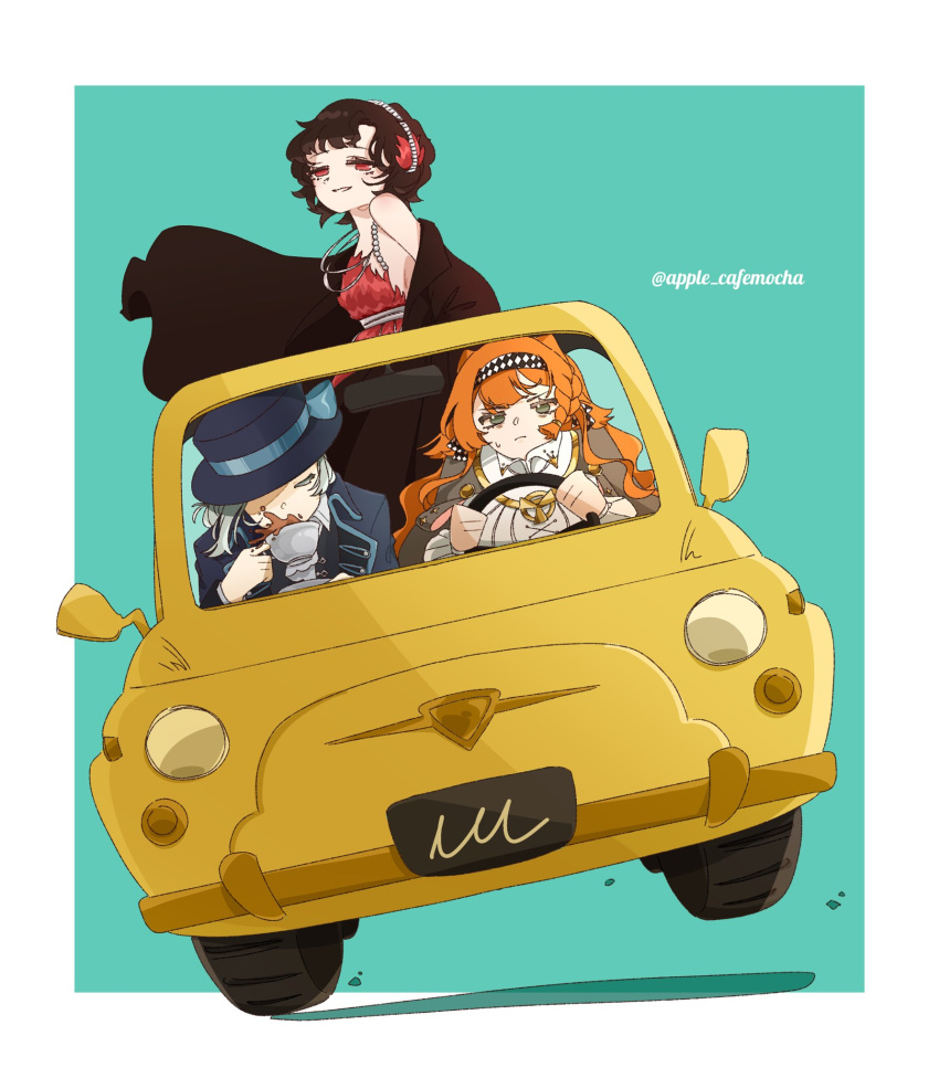 3girls, apple_cafemocha, aqua_background, black_coat, black_hair, black_hat, blue_bow, boater_hat, border, bow, car, checkered_hairband, closed_mouth, coat, commentary_request, convertible, cup, dress, drinking, driving, feather_dress, feather_hair_ornament, feathers, green_eyes, grey_hair, grin, hair_ornament, hairband, hat, hat_bow, highres, holding, holding_cup, jewelry, long_hair, looking_at_viewer, motor_vehicle, multiple_girls, necklace, open_clothes, open_coat, orange_hair, red_dress, red_eyes, reverse:1999, schneider_(reverse:1999), short_hair, single_bare_shoulder, single_off_shoulder, sleeveless, sleeveless_dress, smile, sonetto_(reverse:1999), spilling, steering_wheel, sweat, tea, teacup, twitter_username, two_side_up, vertin_(reverse:1999), white_border, white_dress, white_hairband