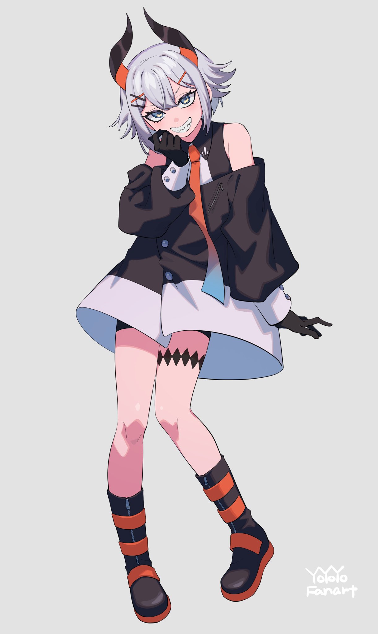1girl, bare_shoulders, black_boots, black_coat, black_gloves, black_horns, blue_eyes, blue_necktie