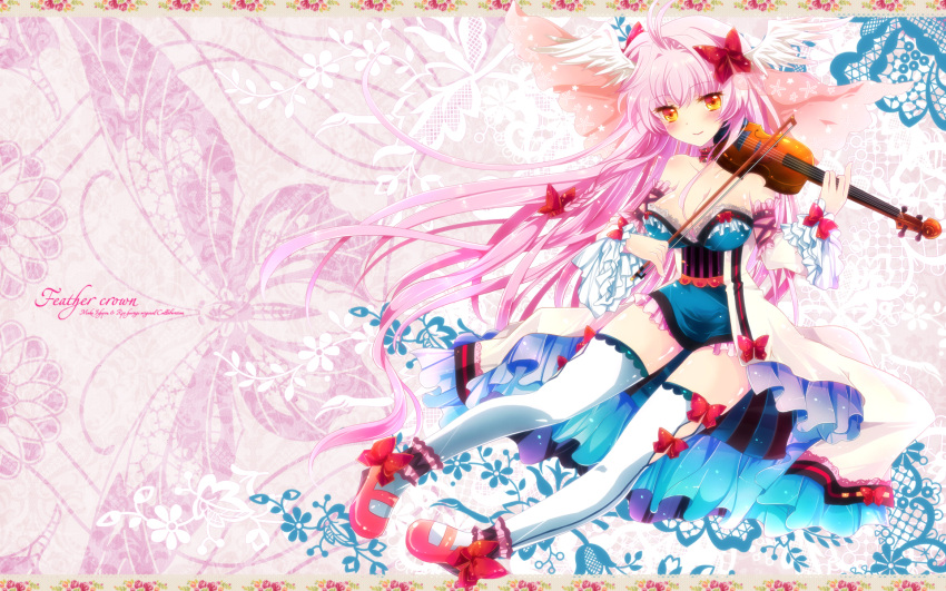 bow, breasts, cleavage, collaboration, detached_sleeves, frilled_sleeves, hair_bow, hair_ribbon, head_wings, highres, hiiragi_ryo, hiiragi_ryou, ichiyou_moka, instrument, long_hair, mary_janes, original, pink_hair, ribbon, shoes, solo, thigh-highs, thighhighs, very_long_hair, violin, wallpaper, white_legwear, yellow_eyes