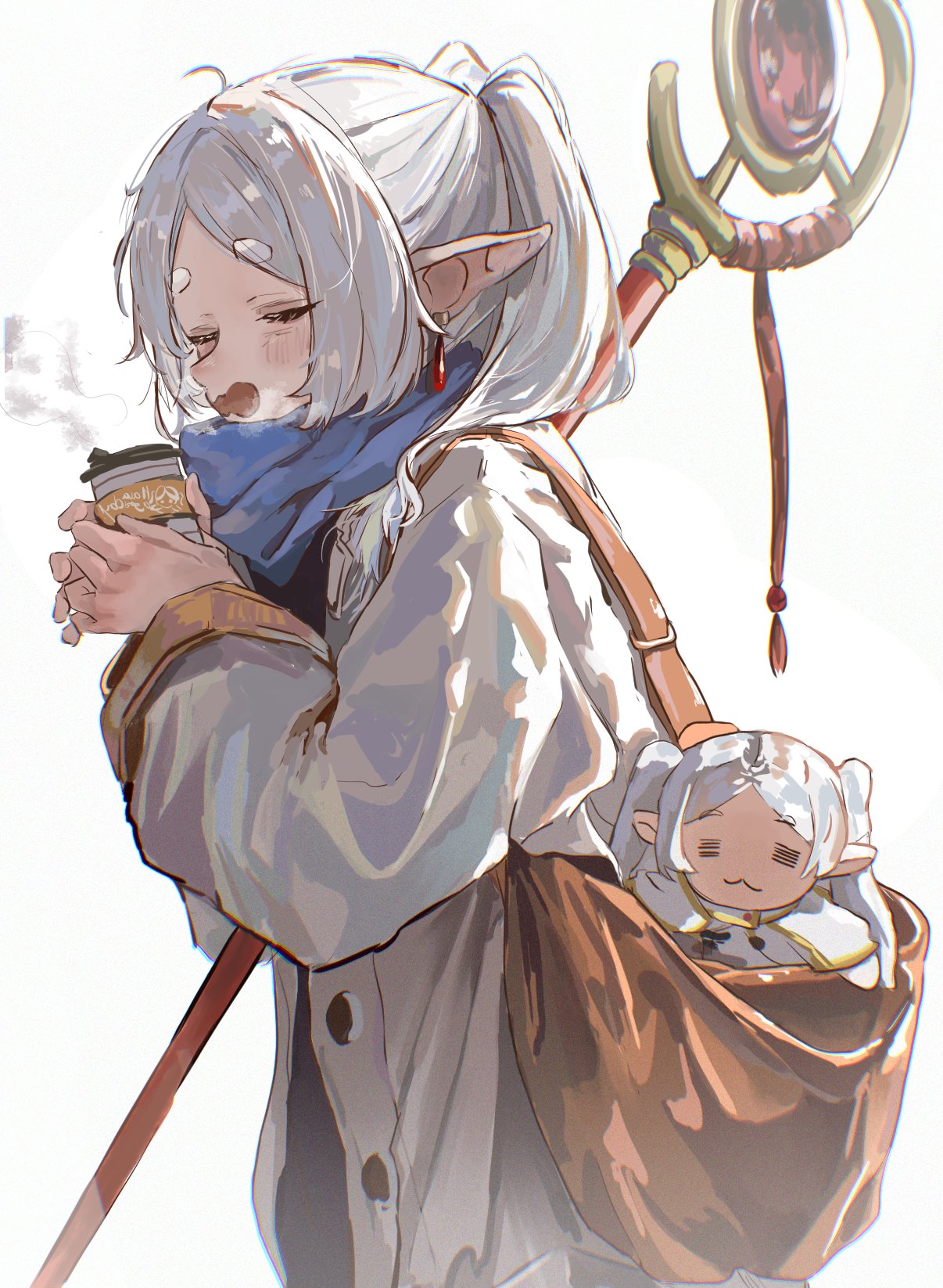 1girl, :3, =_=, aim6120, bag, blue_scarf, blush, brown_bag, closed_eyes, coat, cup, disposable_coffee_cup, disposable_cup, doll, double-parted_bangs, earrings, elf, frieren, from_side, hashtag-only_commentary, highres, holding, holding_bag, holding_cup, holding_staff, jewelry, long_hair, open_mouth, pointy_ears, scarf, solo, sousou_no_frieren, staff, steam_from_mouth, twintails, white_coat