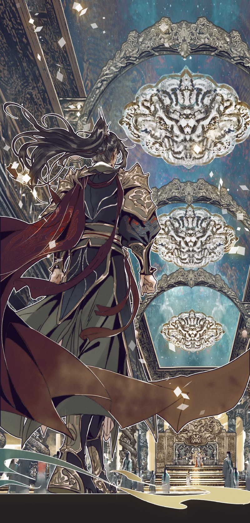 1boy, arch, armor, belt, black_boots, black_coat, black_hair, black_hanfu