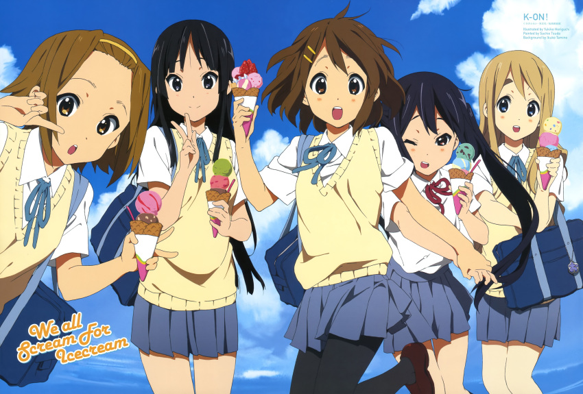 :o, absurdres, akiyama_mio, bag, black_eyes, black_hair, blonde_hair, blue_eyes, brown_eyes, brown_hair, cloud, clouds, english, food, forehead, hair_ornament, hairband, hairclip, highres, hirasawa_yui, holding_hands, horiguchi_yukiko, ice_cream, k-on!, kotobuki_tsumugi, long_hair, multiple_girls, nakano_azusa, pantyhose, school_bag, school_uniform, short_hair, sky, smile, tainaka_ritsu, tamine_ikuko, tsuda_sachie, twintails, v, very_long_hair, wink