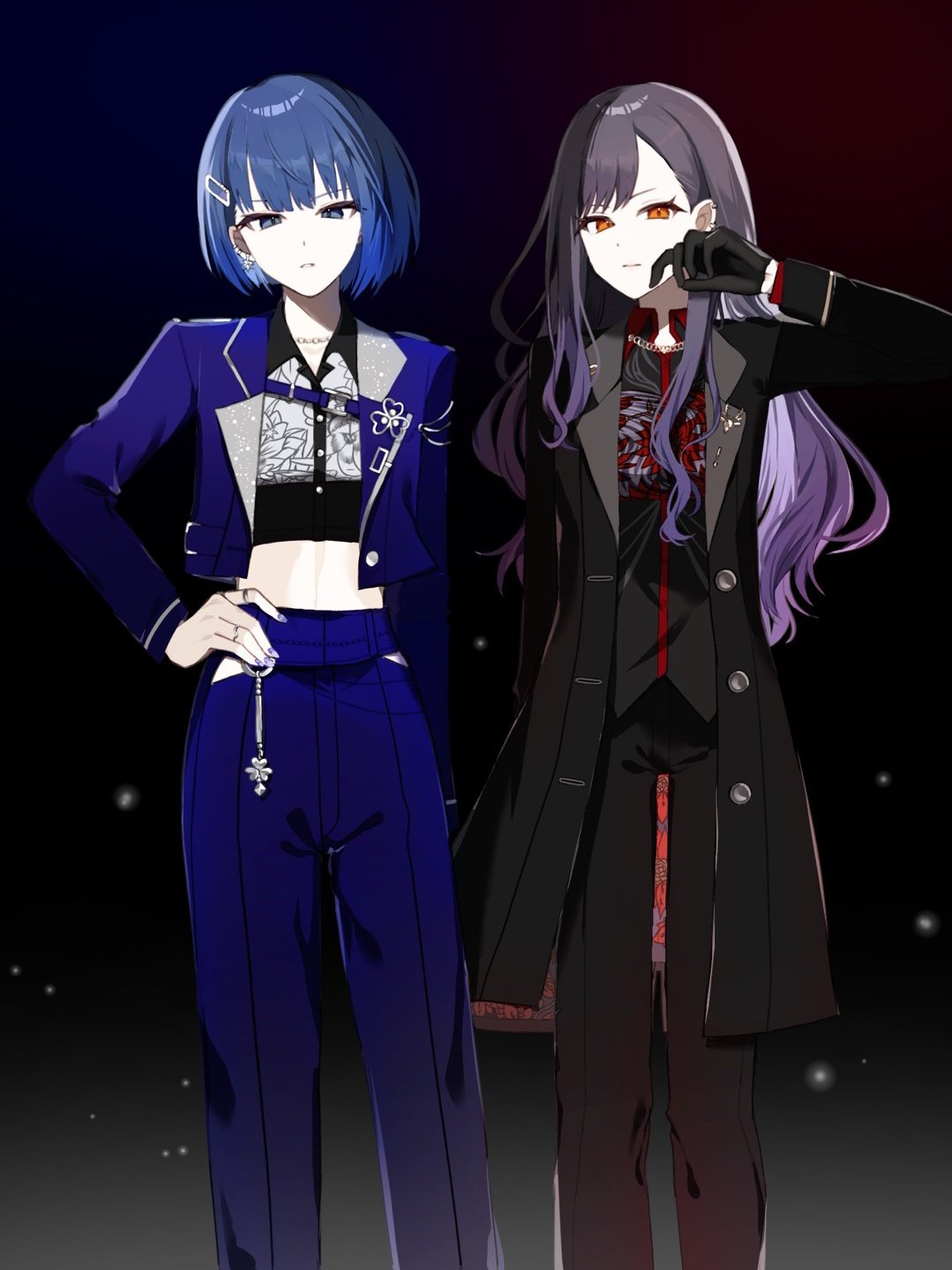 2girls, black_coat, black_gloves, black_hair, black_pants, black_shirt, blue_eyes, blue_hair
