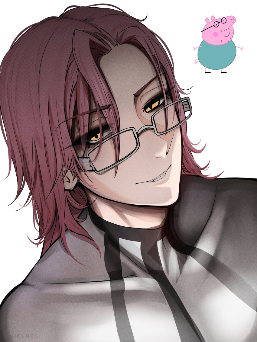 1boy, absurdres, bodysuit, commentary, covered_collarbone, daddy_pig, english_commentary, glasses, grey_bodysuit, highres, humanization, looking_at_viewer, male_focus, mikuneki, narrowed_eyes, parted_lips, peppa_pig_(series), pink_hair, portrait, reference_inset, short_hair, simple_background, smile, solo_focus, white_background, yellow_eyes