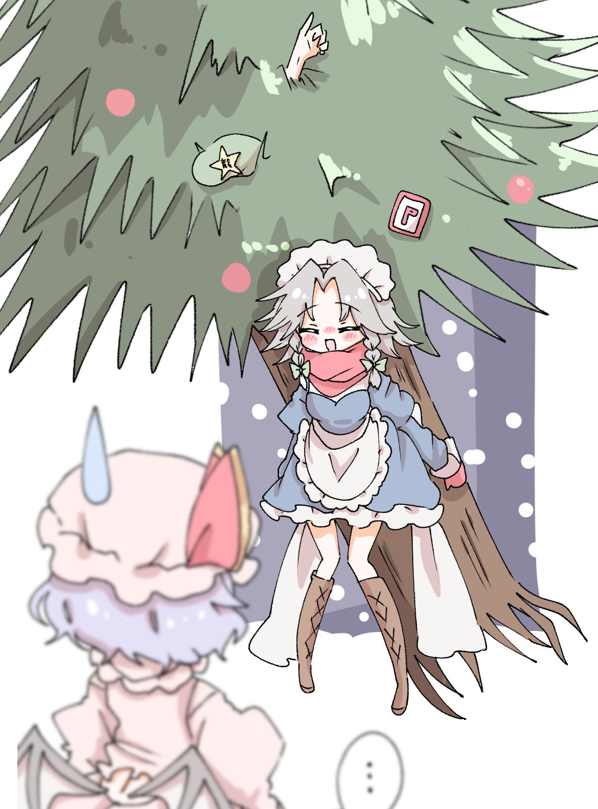 :d, apron, bat_wings, blue_dress, blue_hair, blush, boots, braid