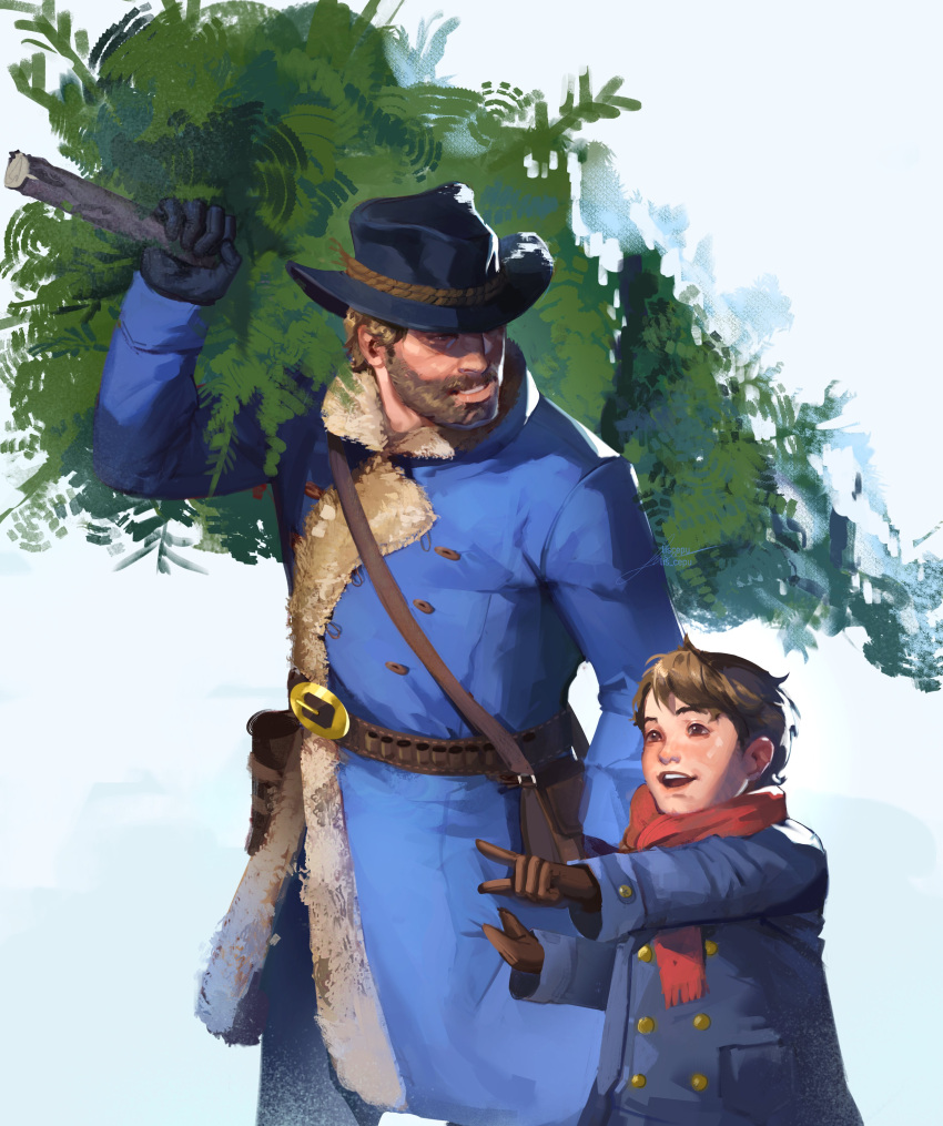 2boys, absurdres, arthur_morgan, branch, child, coat, commentary, cowboy_hat