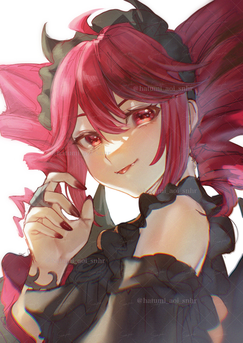 1girl, absurdres, ahoge, black_dress, black_hairband, black_horns, commentary, double-parted_bangs