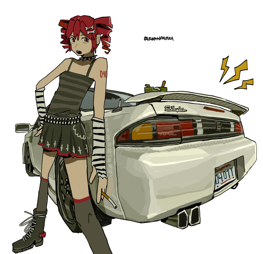 1girl, absurdres, belt, bike_shorts, bike_shorts_under_skirt, bone_hair_ornament, boots, camisole, car, cigarette, collar, commentary, commission, drill_hair, english_commentary, fingerless_gloves, frankkun, gloves, hair_ornament, hand_on_own_hip, highres, holding, holding_cigarette, kasane_teto, kneehighs, lace-up_boots, lightning_bolt_symbol, looking_to_the_side, motor_vehicle, nissan_silvia, nissan_silvia_s14, open_mouth, pleated_skirt, red_eyes, red_hair, second-party_source, skirt, socks, solo, spiked_collar, spikes, striped_camisole, striped_clothes, striped_gloves, twin_drills, twintails, utau