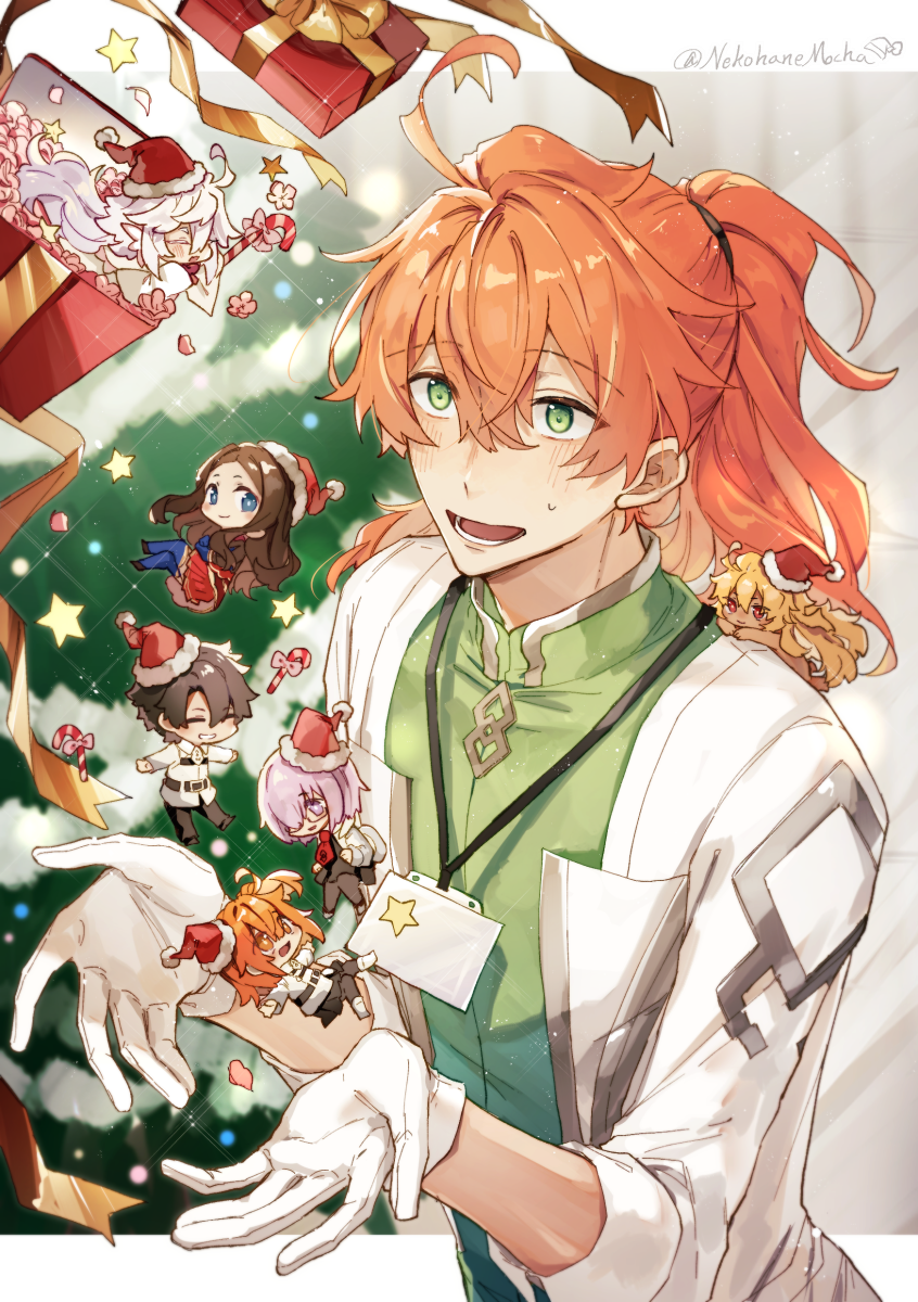 3boys, 3girls, ahoge, artist_name, blush, box, candy, candy_cane
