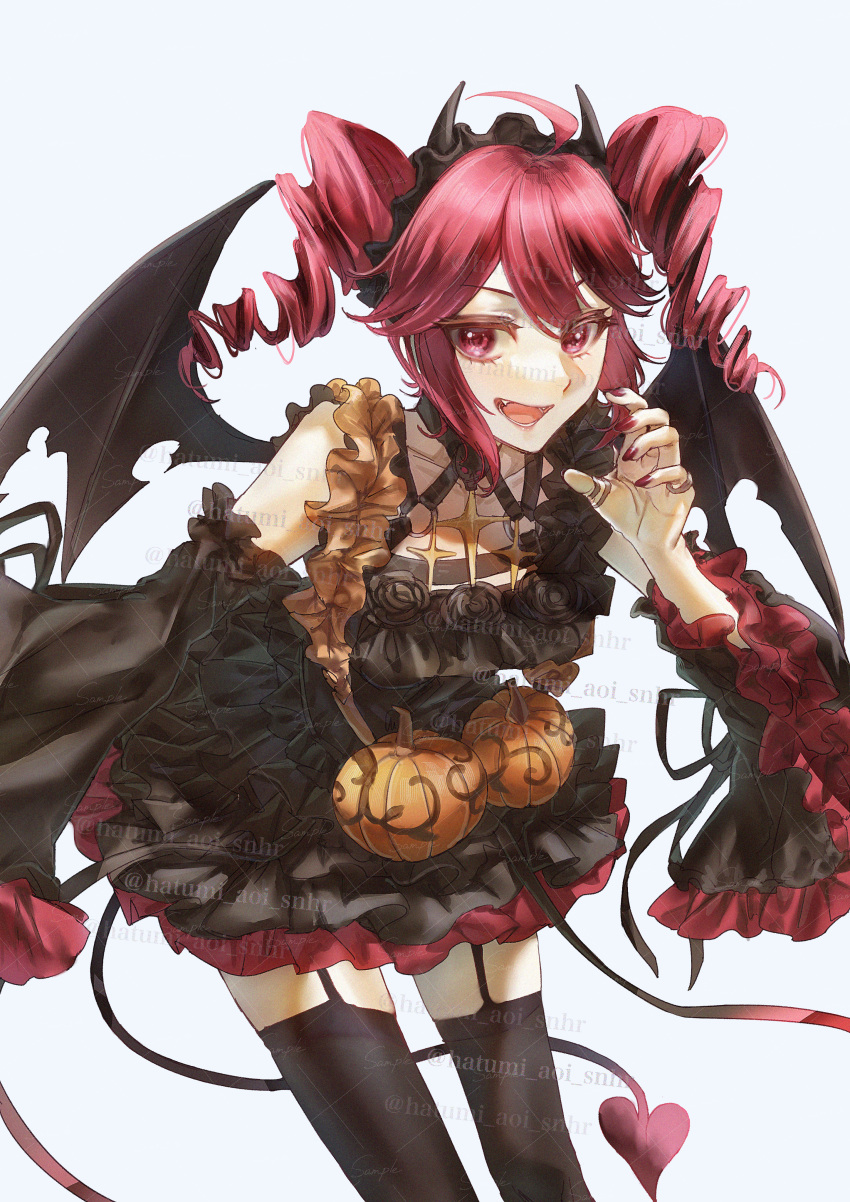 1girl, absurdres, ahoge, bat_wings, black_dress, black_garter_straps, black_hairband, black_thighhighs