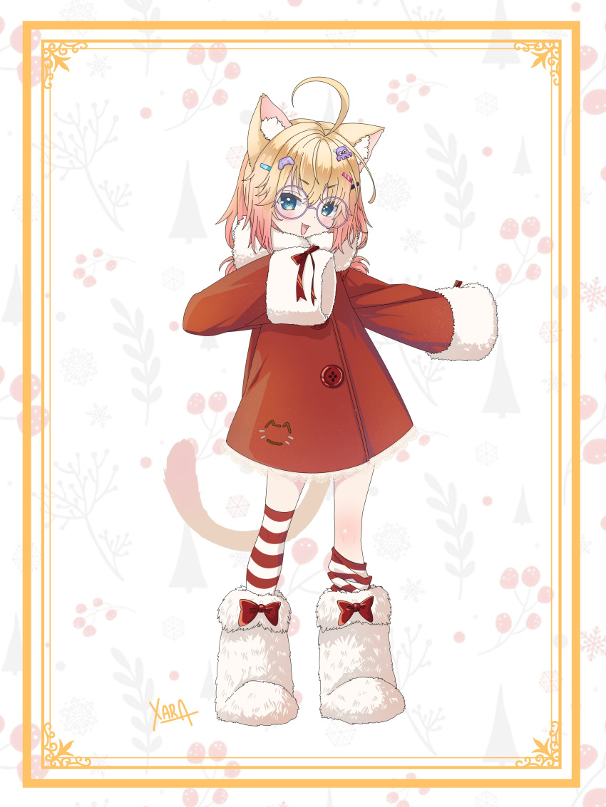 1girl, absurdres, ahoge, animal_ears, blonde_hair, blue_eyes, boots, border