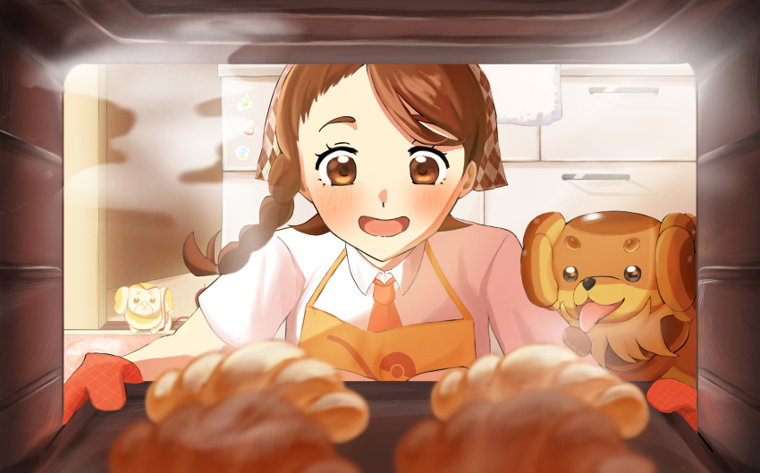 1girl, :d, absurdres, apron, baking_sheet, blush, braid, bread