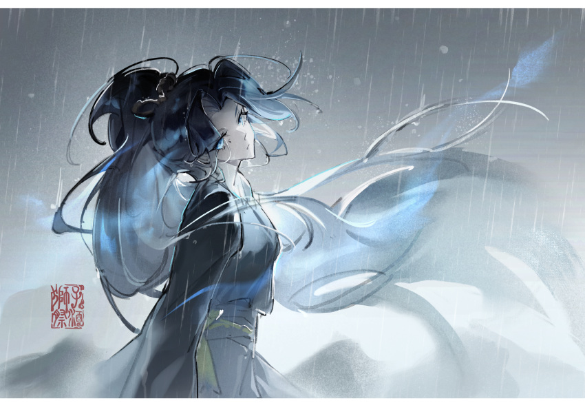 1girl, absurdres, blue_dress, blue_eyes, blue_hair, blue_sash, chinese_clothes, chinese_commentary