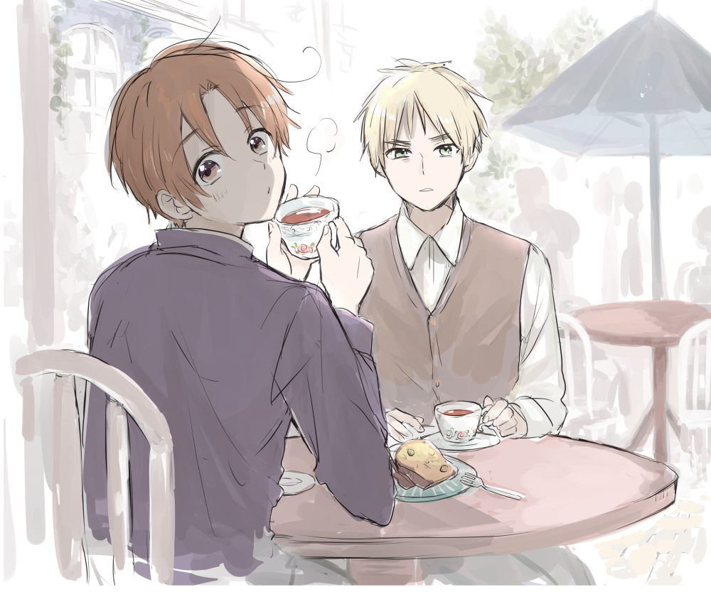 2boys, ahoge, axis_powers_hetalia, black_jacket, blonde_hair, blush, brown_eyes, brown_hair