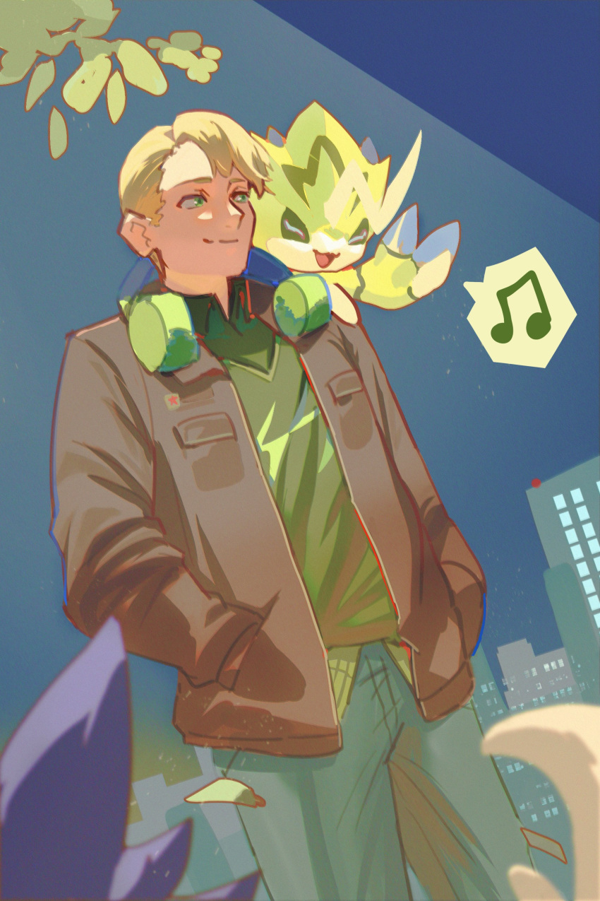 1boy, 765_nanami, absurdres, blonde_hair, blue_pants, brown_jacket, commentary_request, digimon