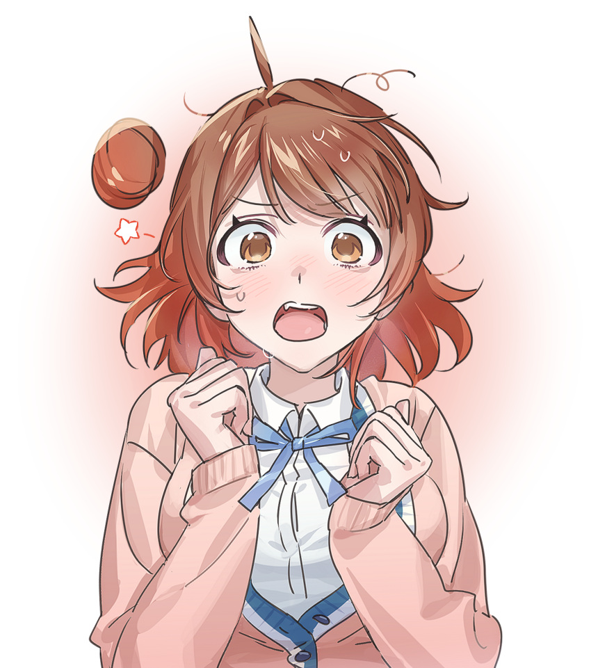 1girl, :o, ahoge, blue_ribbon, blush, breasts, brown_cardigan, brown_hair, cardigan, clenched_hands, commentary_request, detached_hair, detached_hair_bun, gakuen_idolmaster, hanami_ume, hatsuboshi_gakuen_school_uniform, highres, idolmaster, large_breasts, long_sleeves, looking_at_viewer, neck_ribbon, nyakippi, ribbon, school_uniform, shirt, solo, star_(symbol), sweatdrop, upper_body, white_shirt