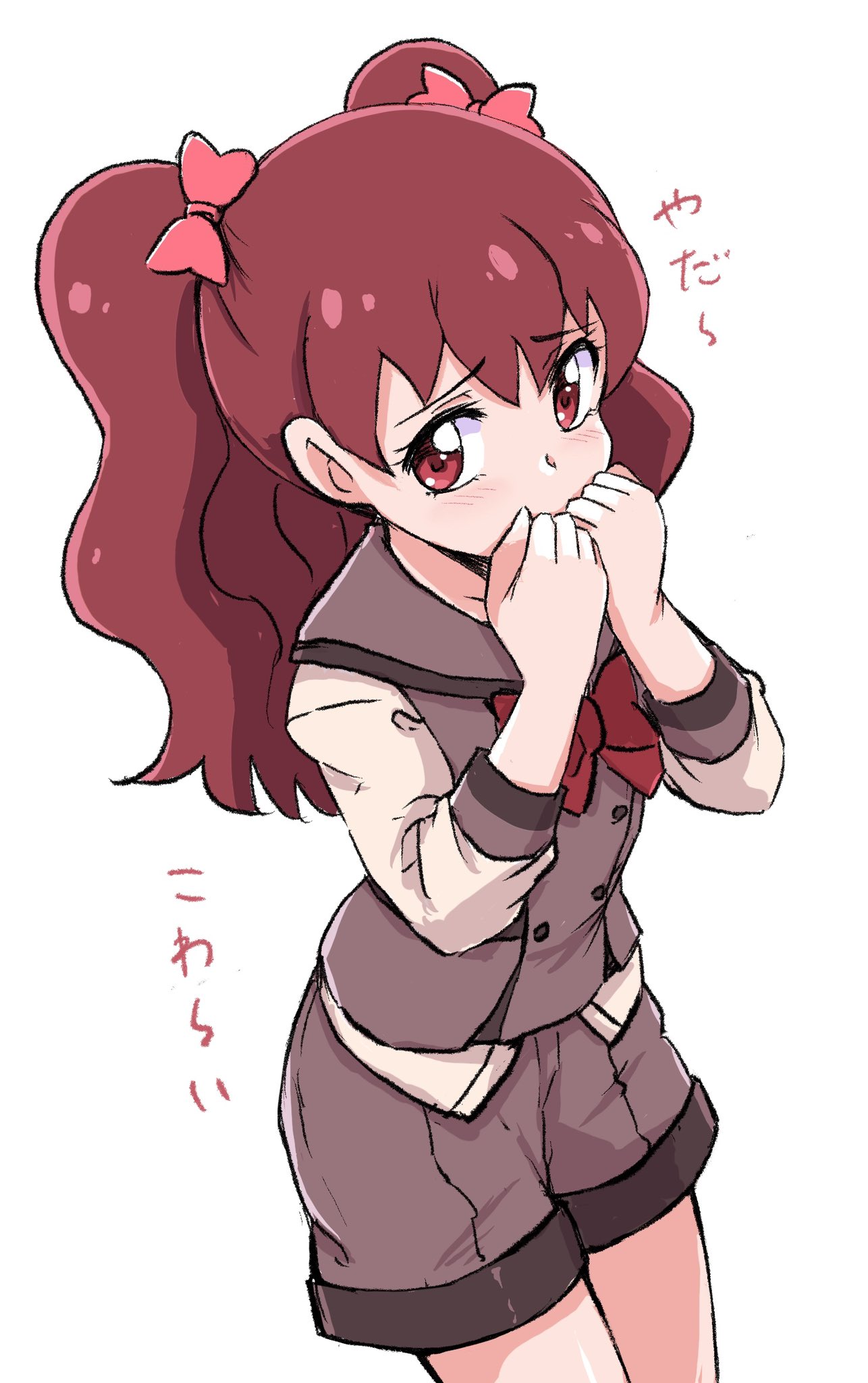1girl, bow, bowtie, brown_sailor_collar, brown_shoes, brown_vest, commentary_request, covering_own_mouth