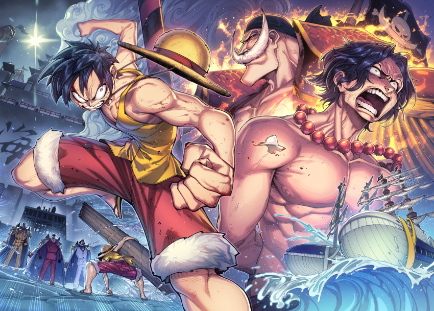 6+boys, absurdres, angry, aokiji_(one_piece), arms_behind_back, bandana, bead_necklace, beads