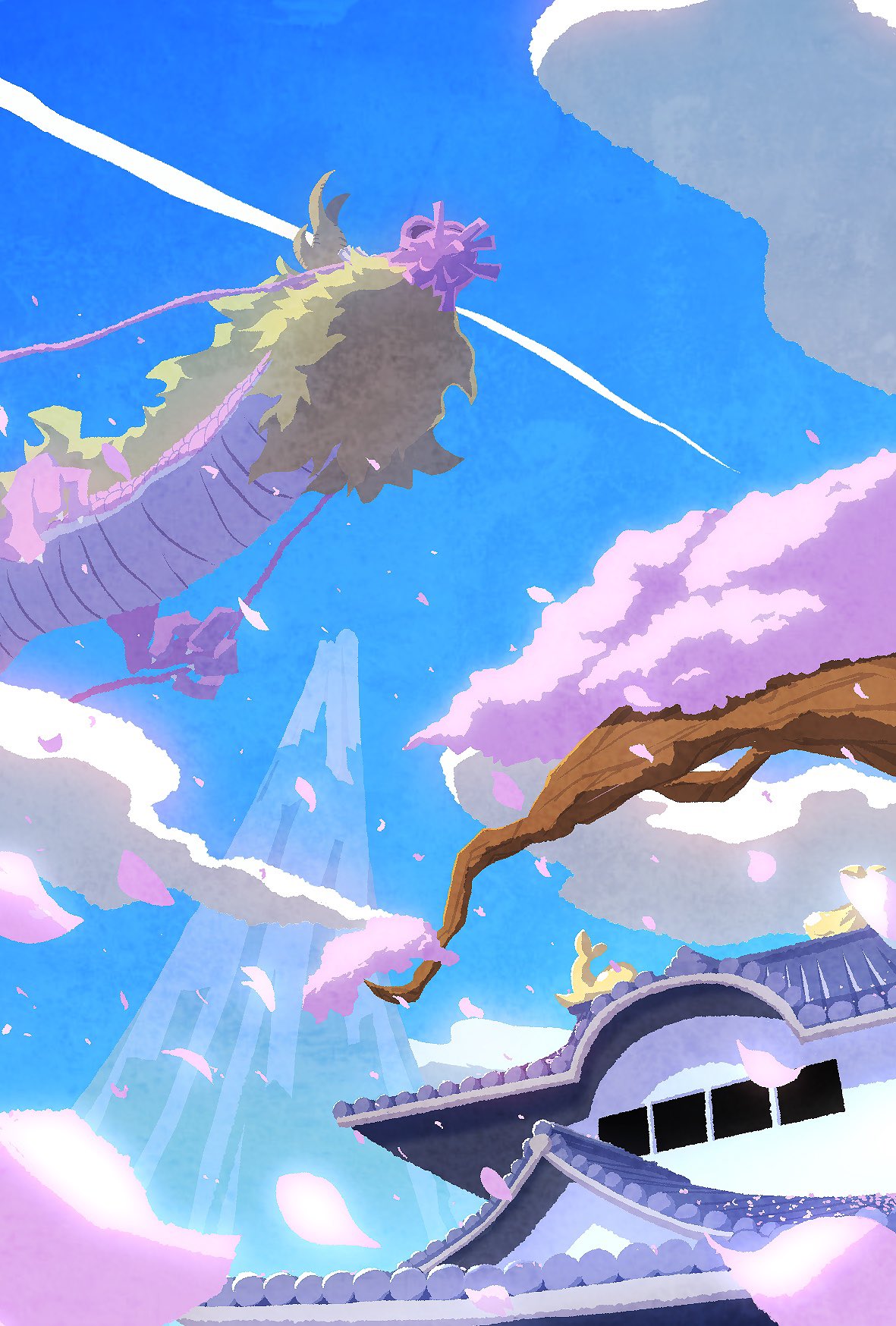 alternate_form, blue_sky, cherry_blossoms, claws, clouds, commentary_request, dragon, facial_hair