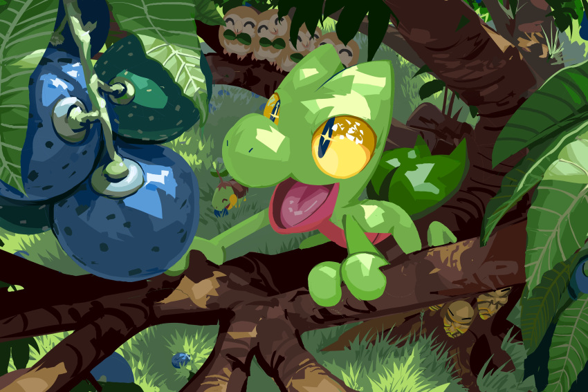 absurdres, berry_(pokemon), climbing_tree, closed_eyes, colored_sclera, commentary, dappled_sunlight, day