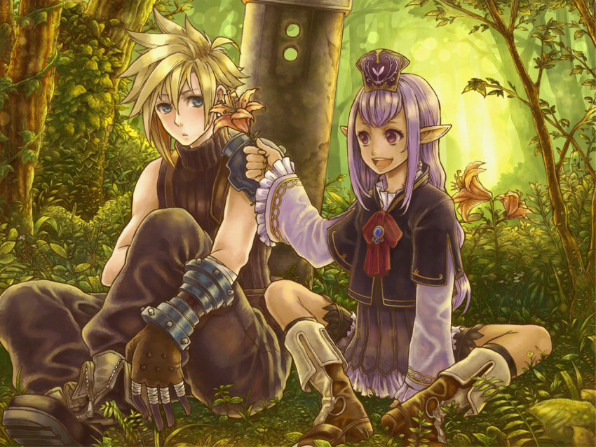 blue_eyes, blush, cloud_strife, couple, dissidia_012_final_fantasy, dissidia_final_fantasy, elf, elvaan