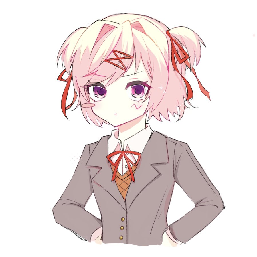 1girl, blush_stickers, commentary, cropped_torso, cutout_eyelashes, doki_doki_literature_club, doki_doki_literature_club_school_uniform, hair_ornament