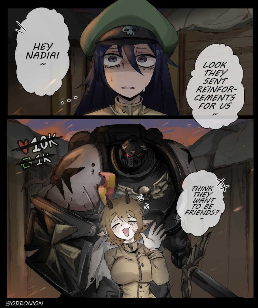 1boy, 2girls, adeptus_astartes, armor, astra_militarum, black_templars, commentary, english_commentary