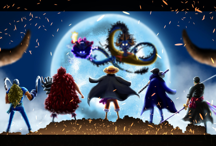 1girl, 6+boys, alternate_form, back, bandana, cape, charlotte_linlin, commentary_request
