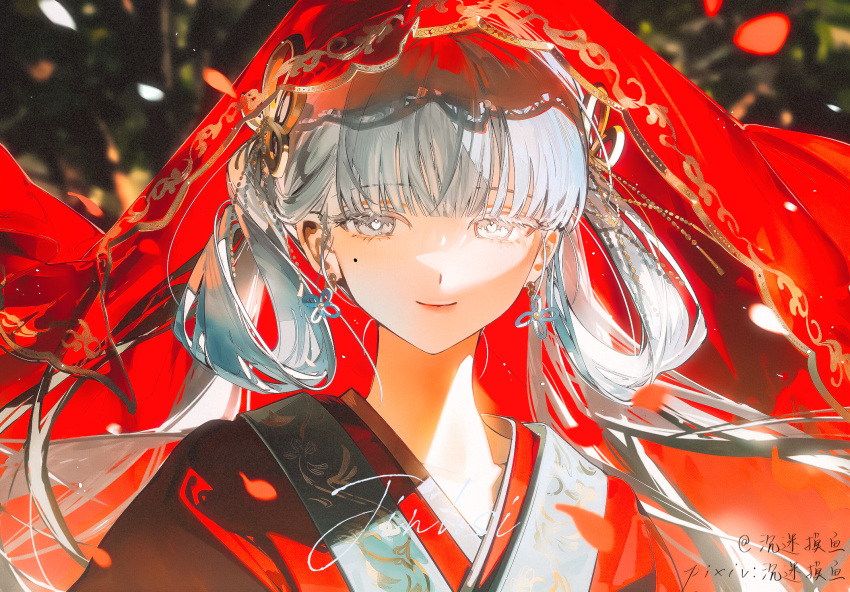 1girl, artist_name, bloom, blunt_bangs, bow, bright_pupils, colored_eyelashes, commentary_request, earrings, gk4040404, hair_bow, hair_extensions, hair_flowing_over, hair_ornament, hair_rings, highres, jewelry, jinhsi_(wuthering_waves), light_particles, lips, looking_at_viewer, mole, mole_on_cheek, multiple_hair_bows, petals, portrait, red_veil, ring_hair_extensions, smile, solo, twintails, twitter_username, veil, white_eyelashes, white_eyes, white_hair, white_pupils, wuthering_waves