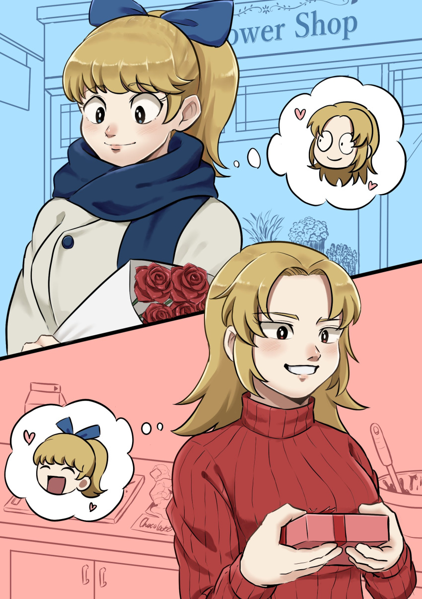 2girls, absurdres, animification, bilingual_commentary, blonde_hair, blue_bow, blue_eyes, blue_scarf, blush, bouquet, bow, box, bright_pupils, brown_eyes, coat, commentary, couple, eddsworld, english_commentary, flower, flower_shop, gift, gift_box, grin, hair_bow, high_ponytail, highres, holding, holding_bouquet, holding_box, holding_gift, indoors, kashimiato, katya_(eddsworld), kim_(eddsworld), kitchen, long_hair, mixed-language_commentary, multiple_girls, outdoors, ponytail, red_flower, red_rose, red_sweater, rose, scarf, shop, smile, speech_bubble, sweater, thought_bubble, white_coat, white_pupils, yuri