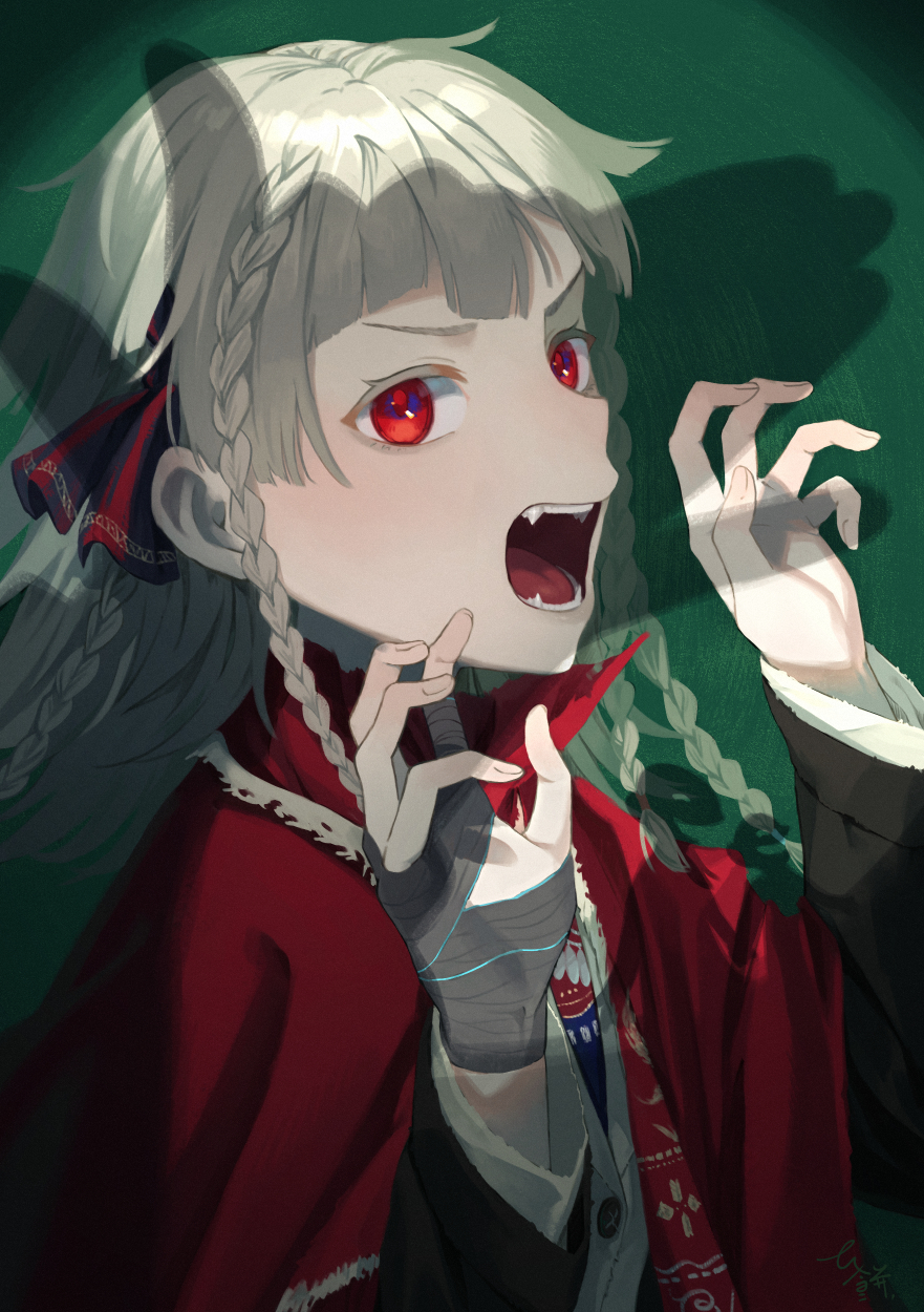 1girl, black_coat, claw_pose, cloak, coat, commentary_request, dog_shadow_puppet, fangs