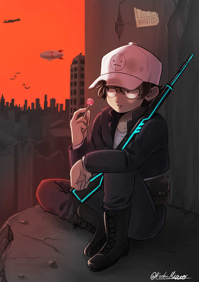 1boy, absurdres, aged_up, aircraft, animification, baseball_cap, belt, belt_pouch, black_belt, black_boots, black_jacket, black_pants, boots, brown_hair, building, candy, commentary_request, dirigible, eddsworld, food, fun_dead_kid_(eddsworld), glowing, glowing_weapon, gun, hat, highres, holding, holding_candy, holding_food, holding_gun, holding_lollipop, holding_weapon, jacket, jitome, kashimiato, lollipop, long_sleeves, male_focus, open_clothes, open_jacket, orange_sky, outdoors, pants, pouch, red_army_logo_(eddsworld), sanpaku, shirt, short_hair, signature, sitting, sky, solo, wanted_poster, weapon, white_hat, white_shirt