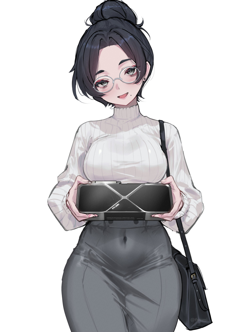 1girl, absurdres, bag, black_eyes, black_hair, breasts, bright_pupils, covered_navel