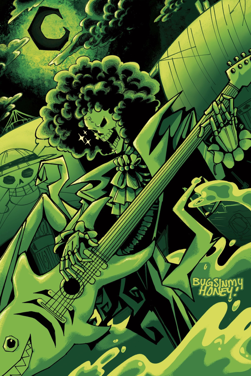 1boy, absurdres, afro, artist_name, ascot, brook_(one_piece), bugsinmyhoney, clouds